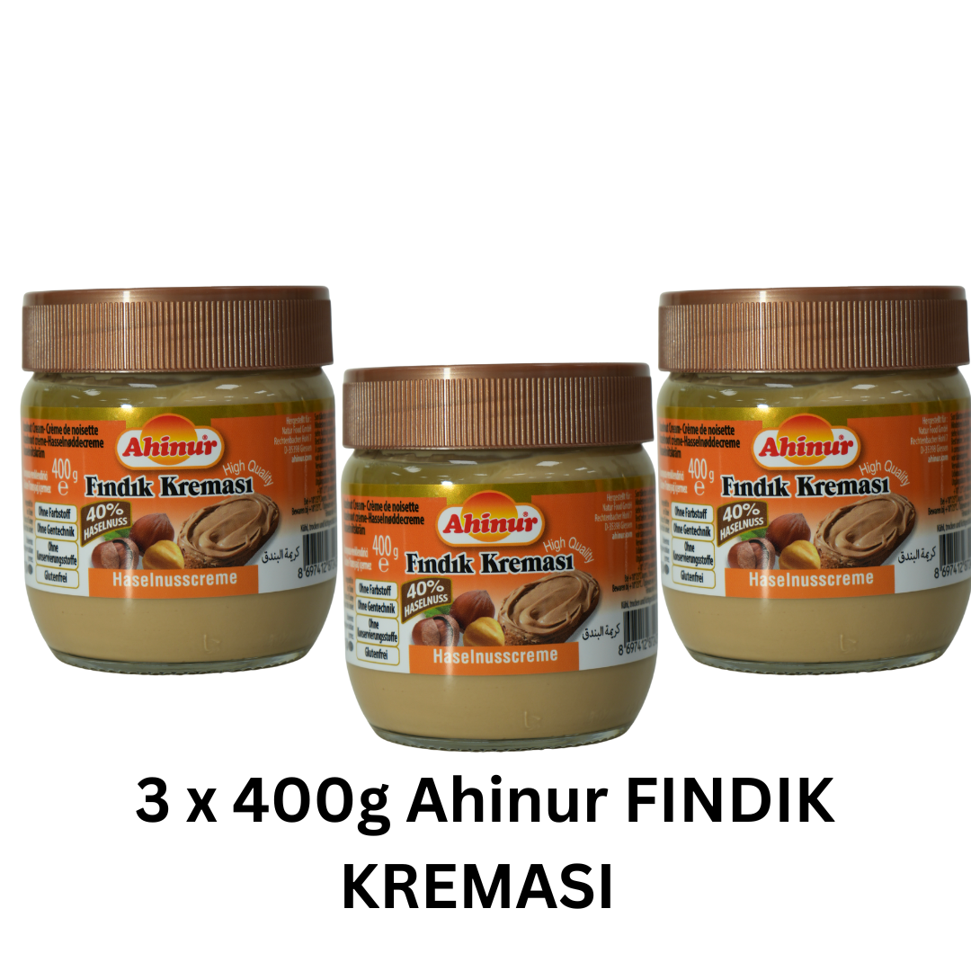 Ahinur Haselnusscreme 3x 400 g – 40 % Haselnuss – ohne Palmöl – Glutenfrei, ohne Gentechnik, ohne Konservierungsstoffe – Fındık Kreması – Halal