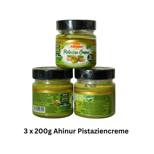 Ahinur Antep Fıstık Kreması 3 x 200 g – 35 % Antep-Pistazien – Ohne Palmöl – Halal – Orientalischer Pistaziengenuss aus der Türkei